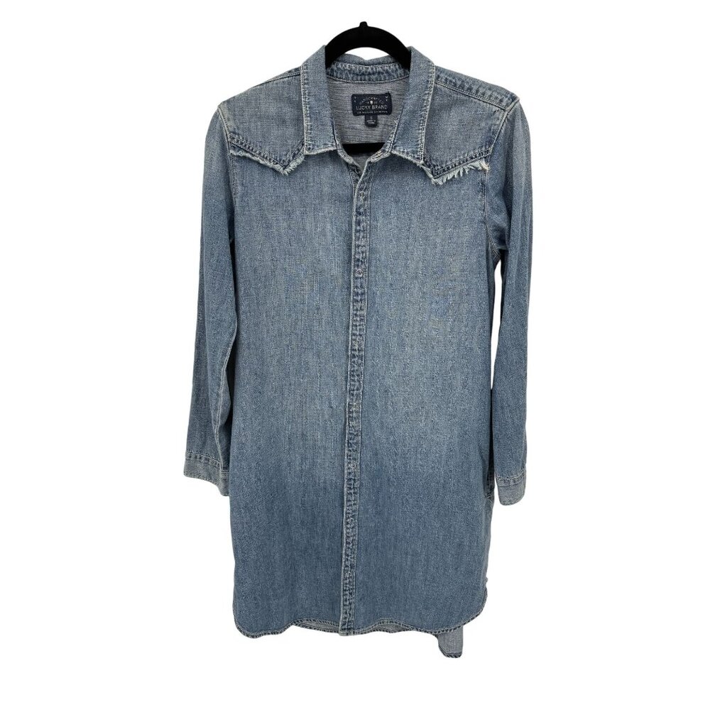 Lucky Brand Denim Shirt Dress Womens Small Blue Cotton Snap Front Pockets Fringe